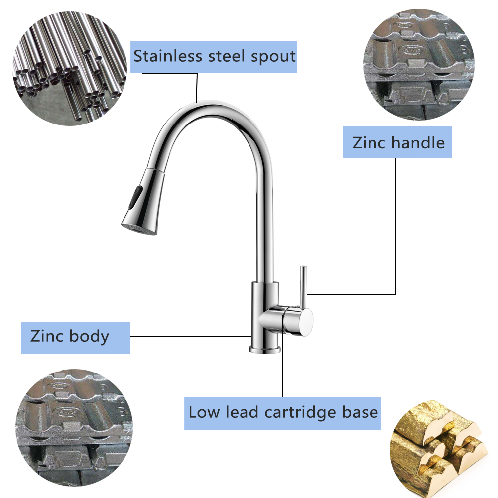 Economic Zinc Body CUPC Factory Make Chrome Pull Down Kitchen Sink Faucet