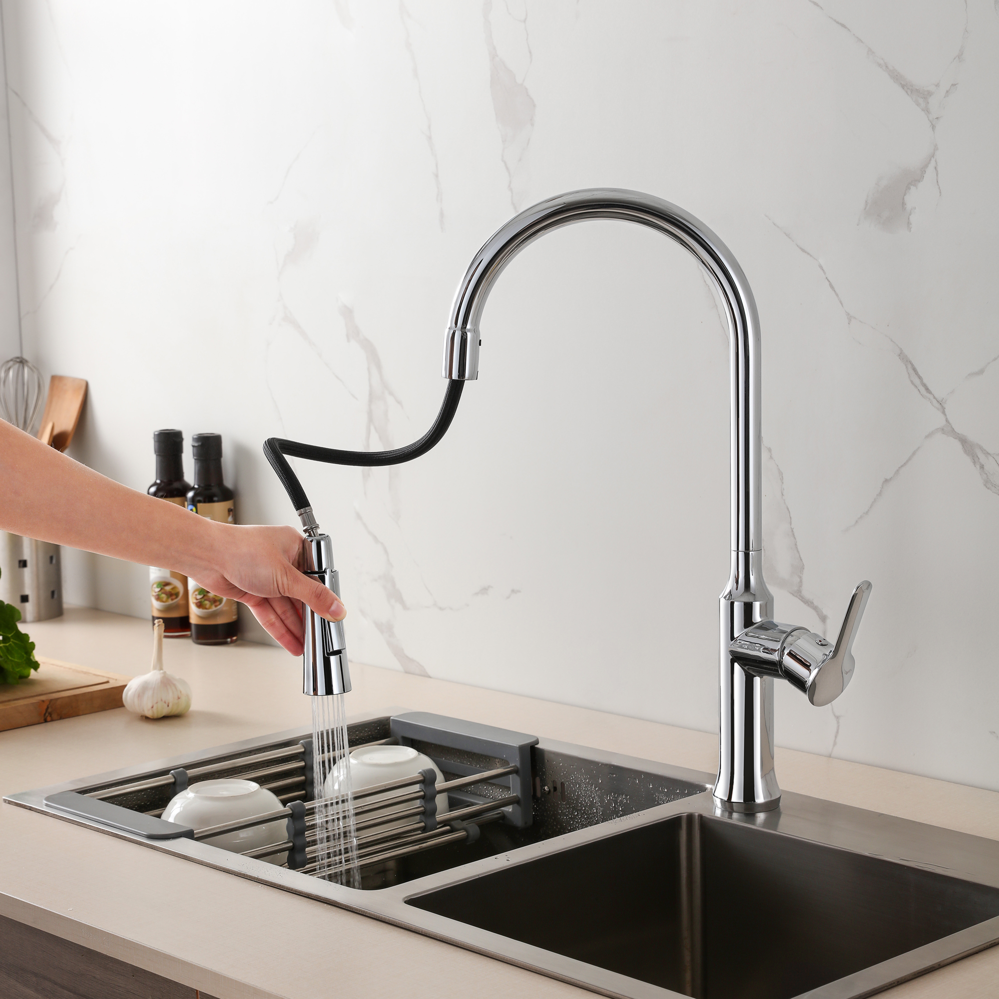 Commercial Zinc Body Stainless Steel Spout High Performance Pull Down Sink Faucet