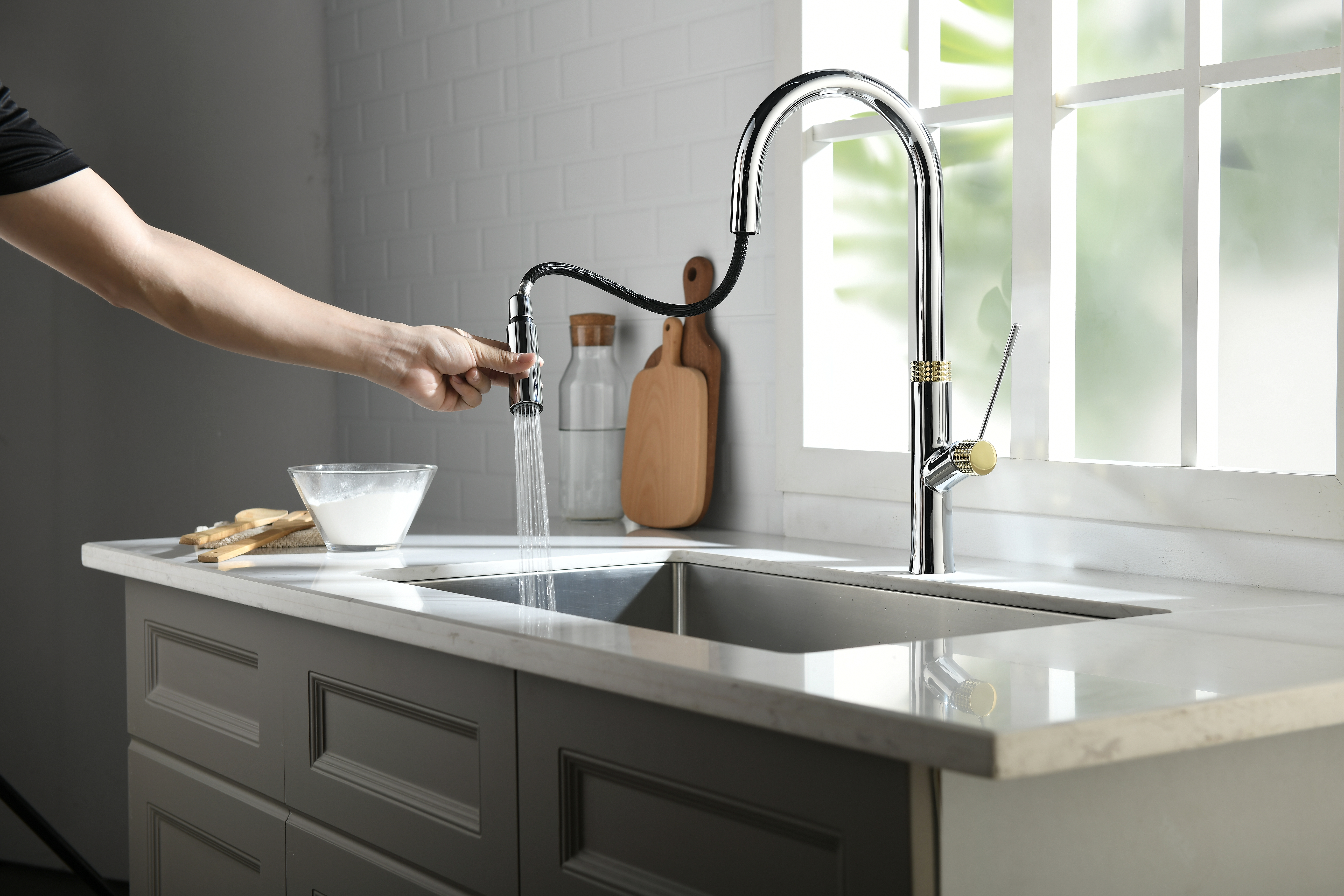 Modern Brass Chrome Pull Out Kitchen Mixer Faucet