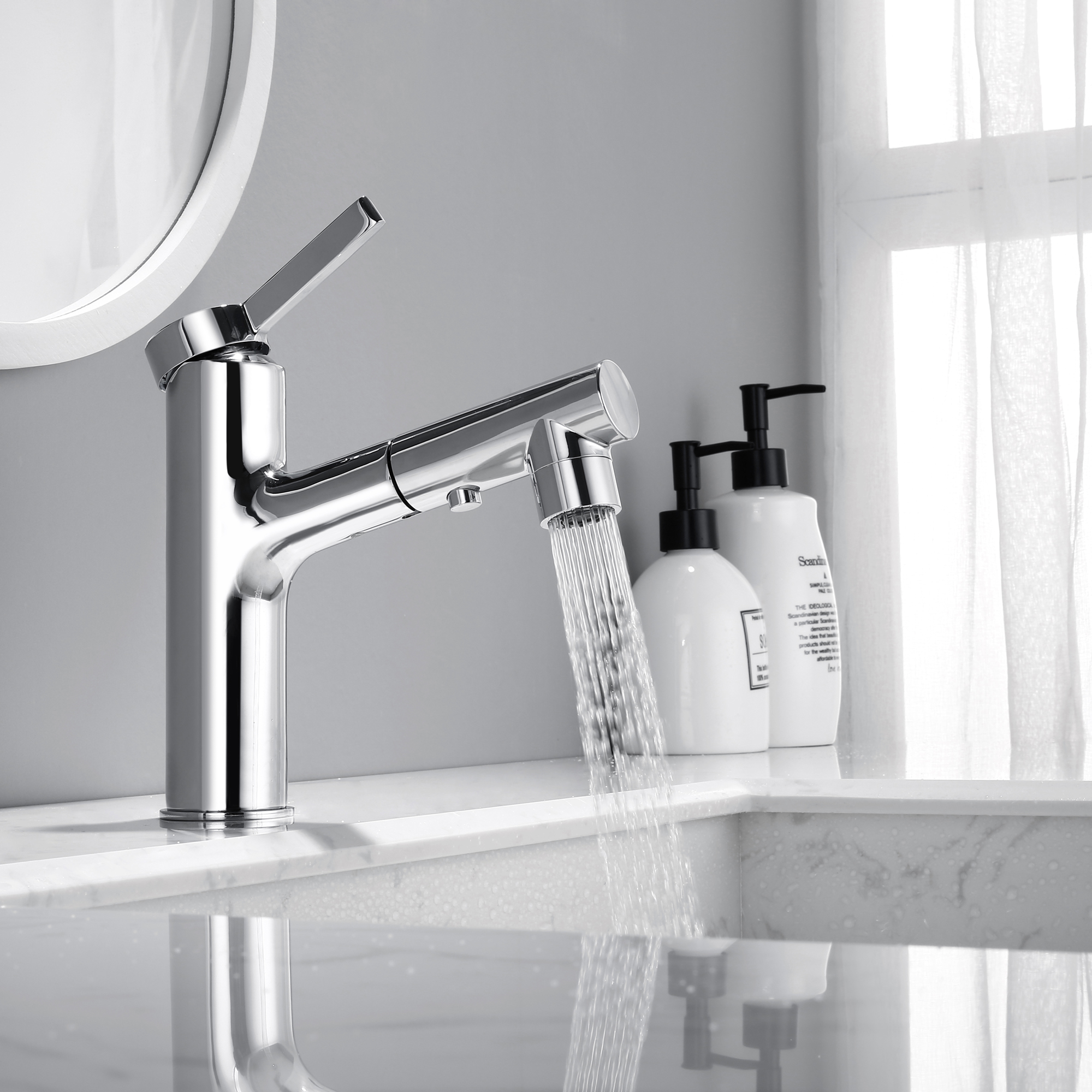 Brass Luxury Bathroom Basin Chrome Pull Out Spray Basin Faucet 