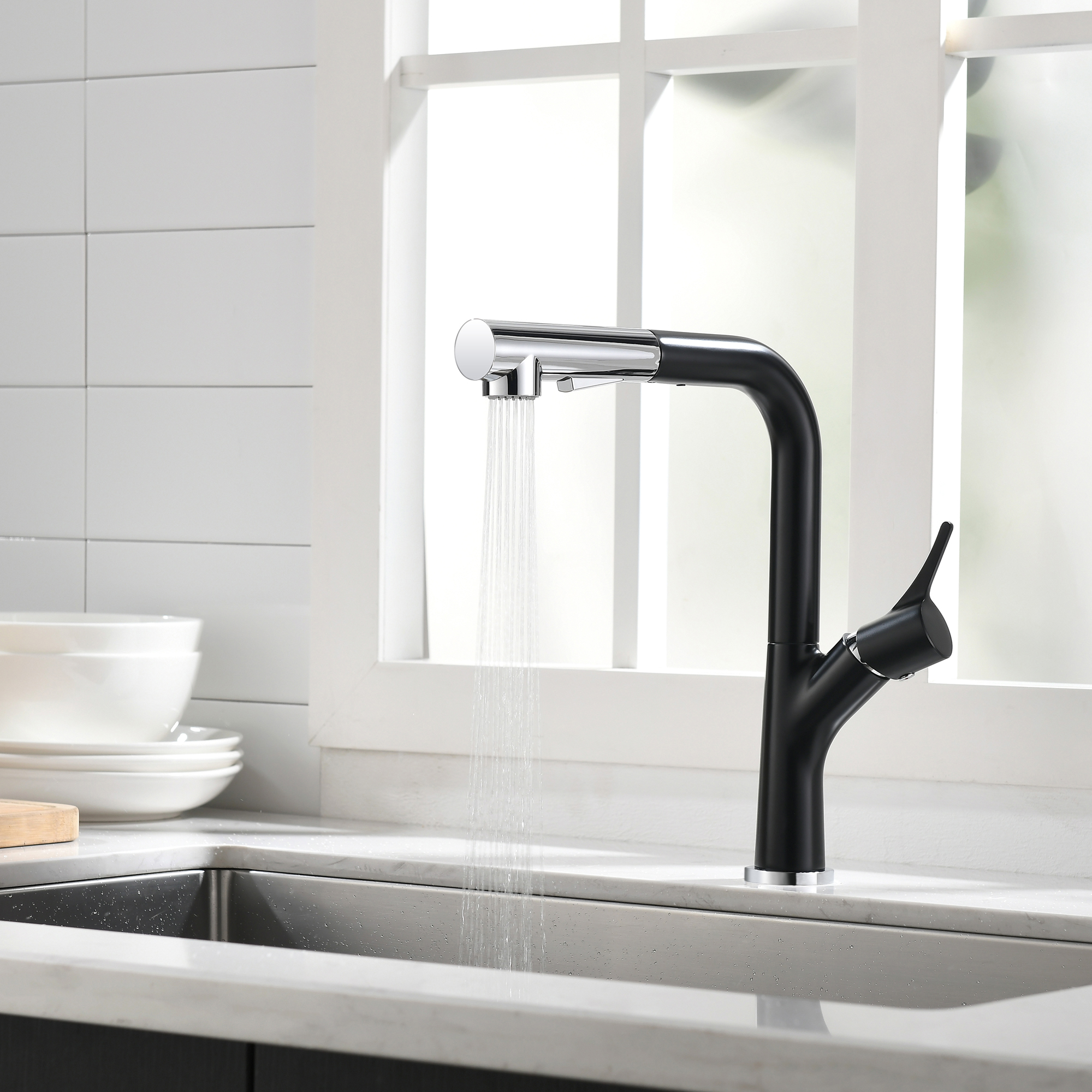Small Size Brass Material Matte Black And Chrome Color Washing 2 Function Kitchen Faucet