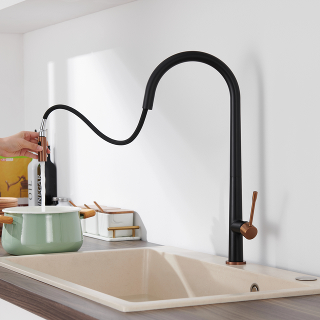 Zinc Alloy Brushed Hot Cold Water Pull Out Matt Black Color Kitchen Faucet GH-6026-MB