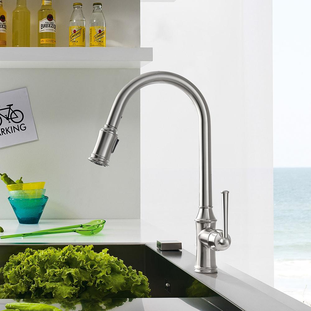 NSF CUPC Brush Nickel Color Zinc Faucet Body Pull Down Vintage Style Kitchen Faucet