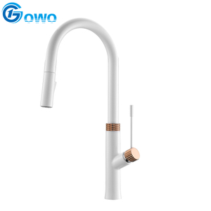 White And Rose Gold Color Brass Modern Style Elegant Pull Out Kitchen Faucet